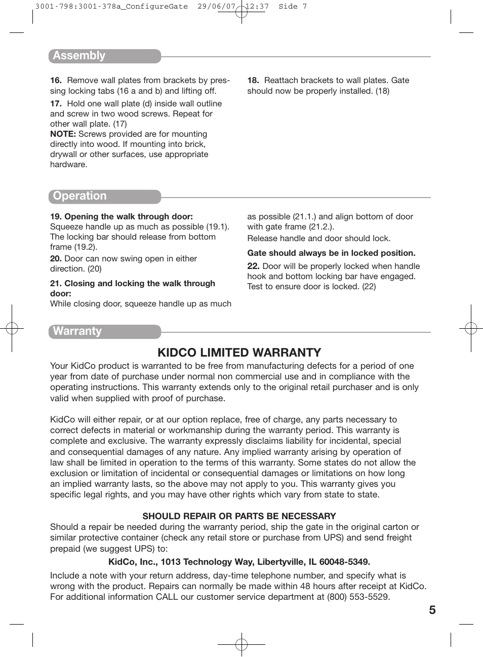 Assembly warranty kidco limited warranty, Operation | Kidco G80d User Manual | Page 5 / 18