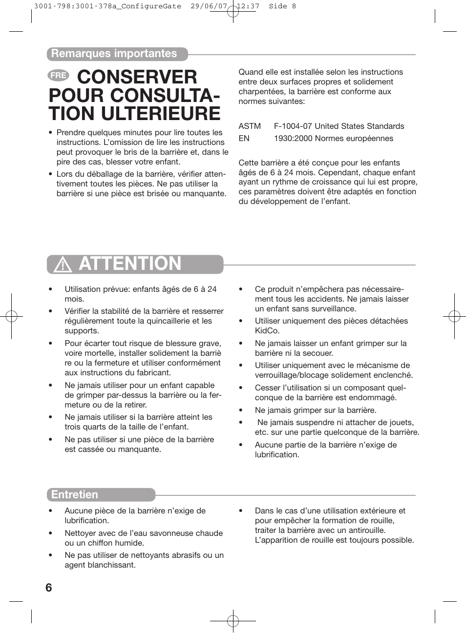 Attention conserver pour consulta- tion ulterieure, 6remarques importantes entretien | Kidco G80d User Manual | Page 6 / 18