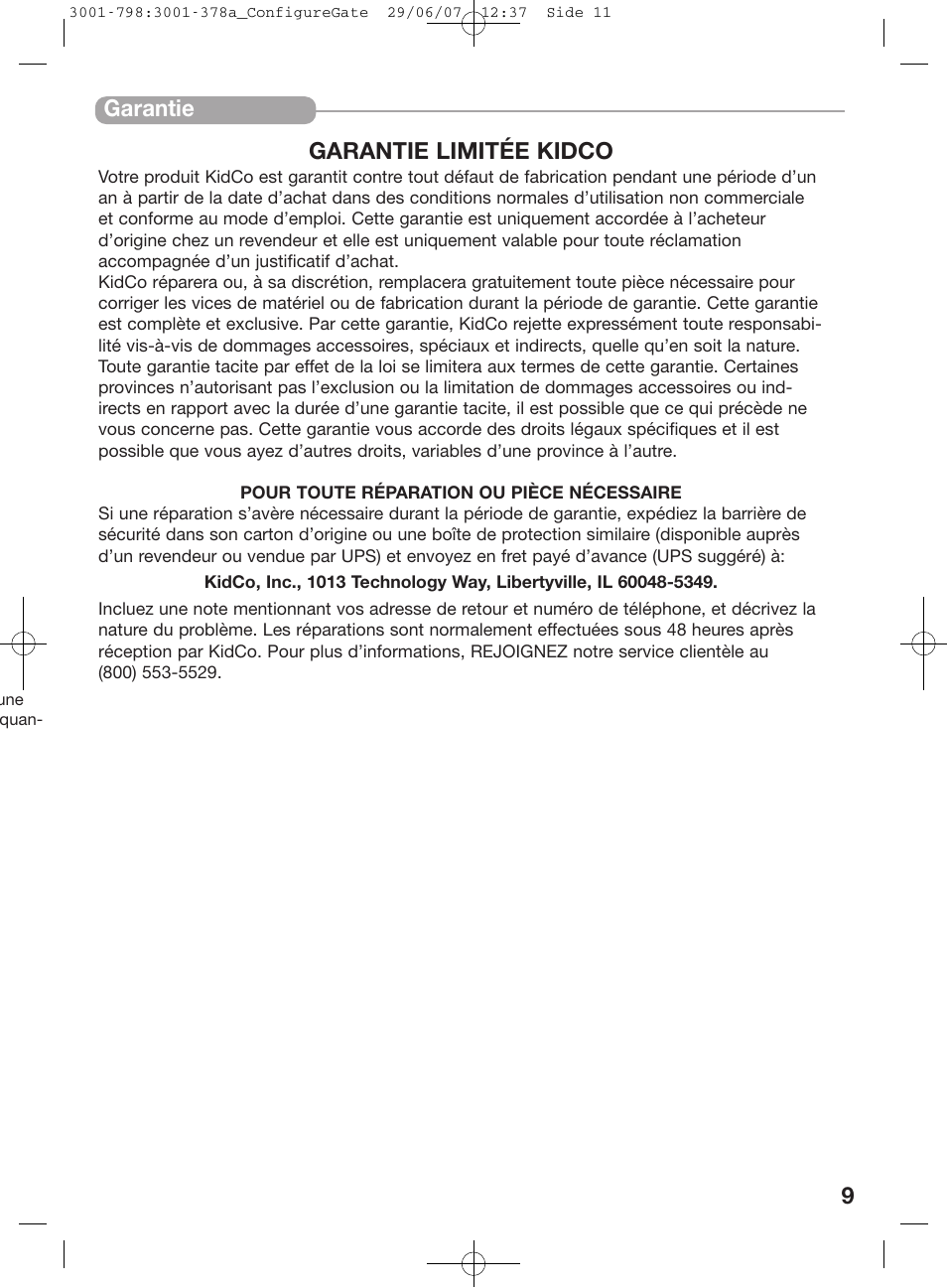 Garantie garantie limitée kidco | Kidco G80d User Manual | Page 9 / 18