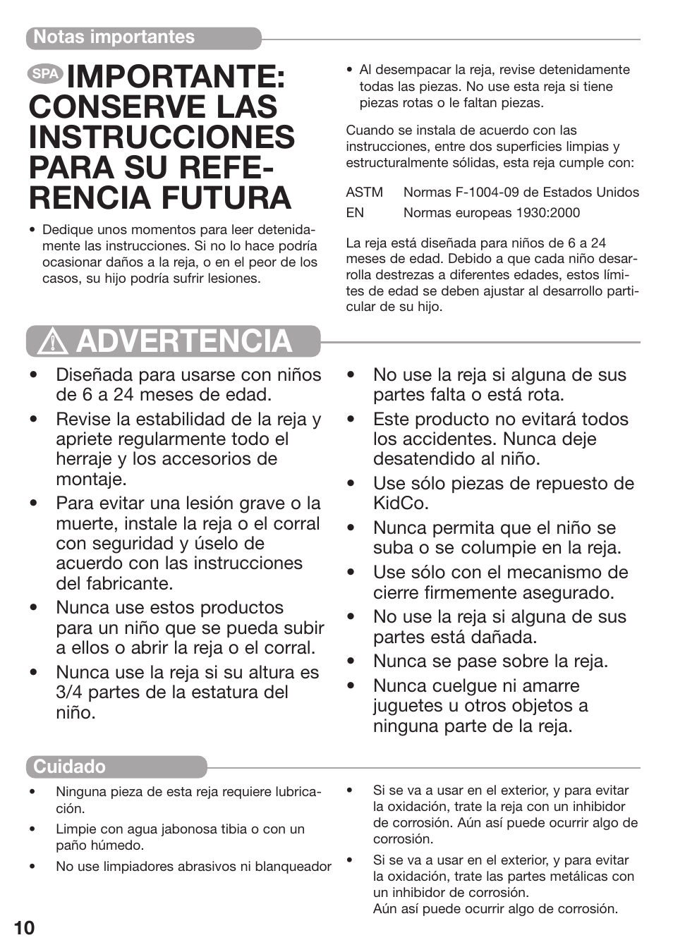 Advertencia | Kidco G80d-C User Manual | Page 10 / 18