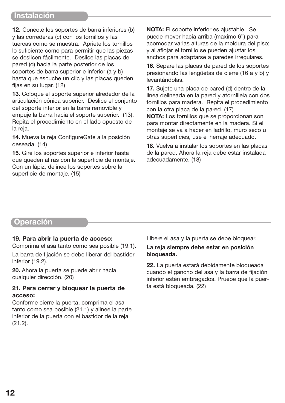 12 instalación, Operación | Kidco G80d-C User Manual | Page 12 / 18