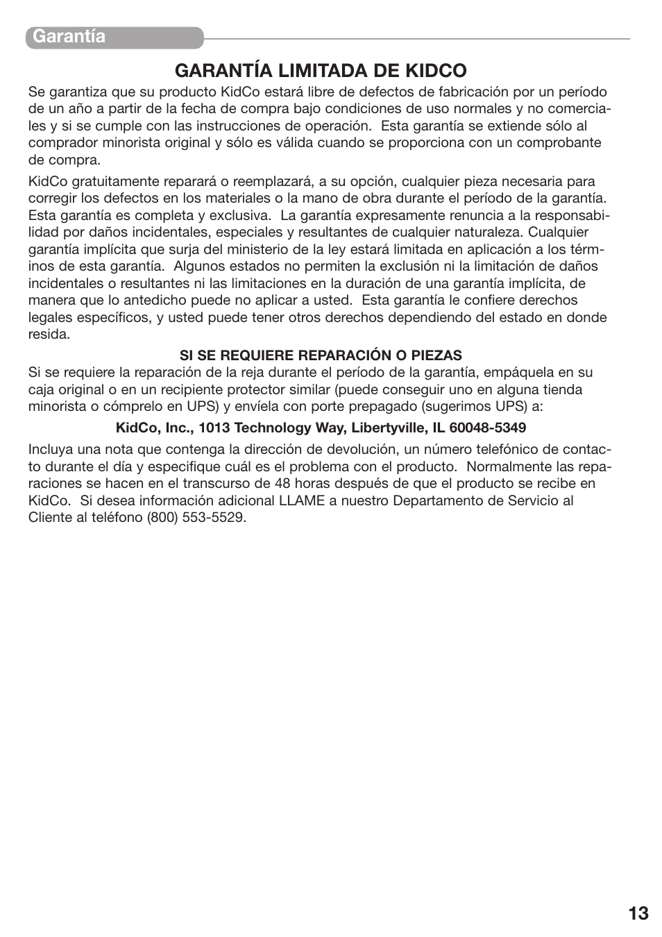 13 garantía garantía limitada de kidco | Kidco G80d-C User Manual | Page 13 / 18