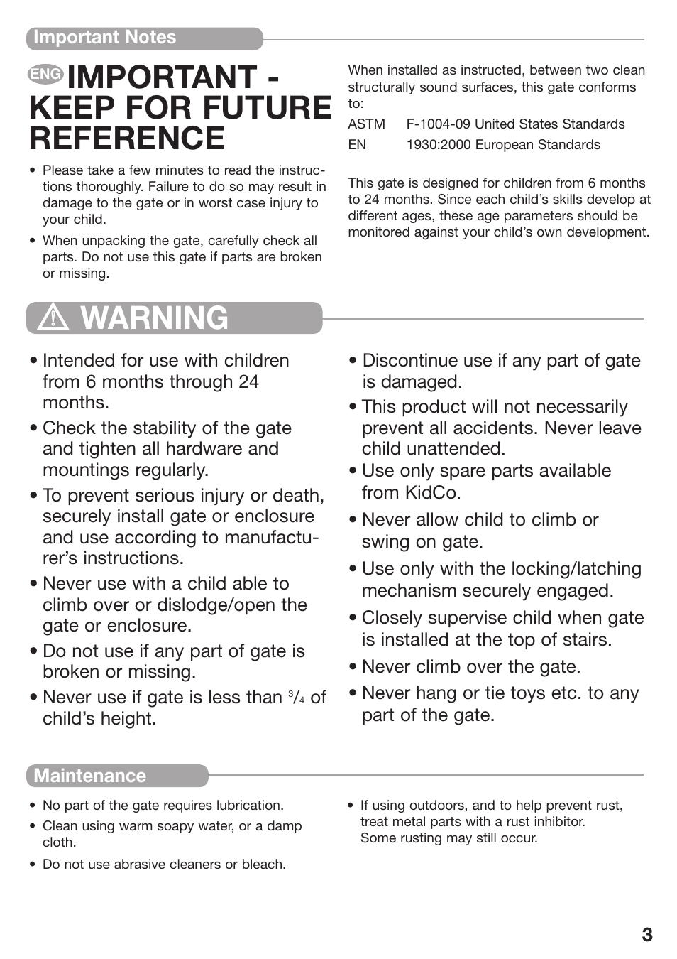 Important - keep for future reference, Warning | Kidco G80d-C User Manual | Page 3 / 18