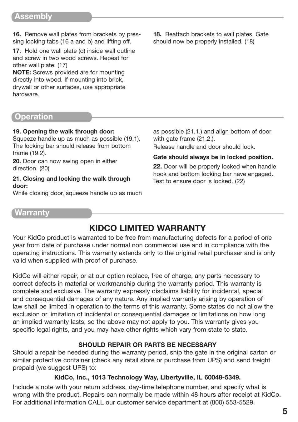 Assembly warranty kidco limited warranty, Operation | Kidco G80d-C User Manual | Page 5 / 18