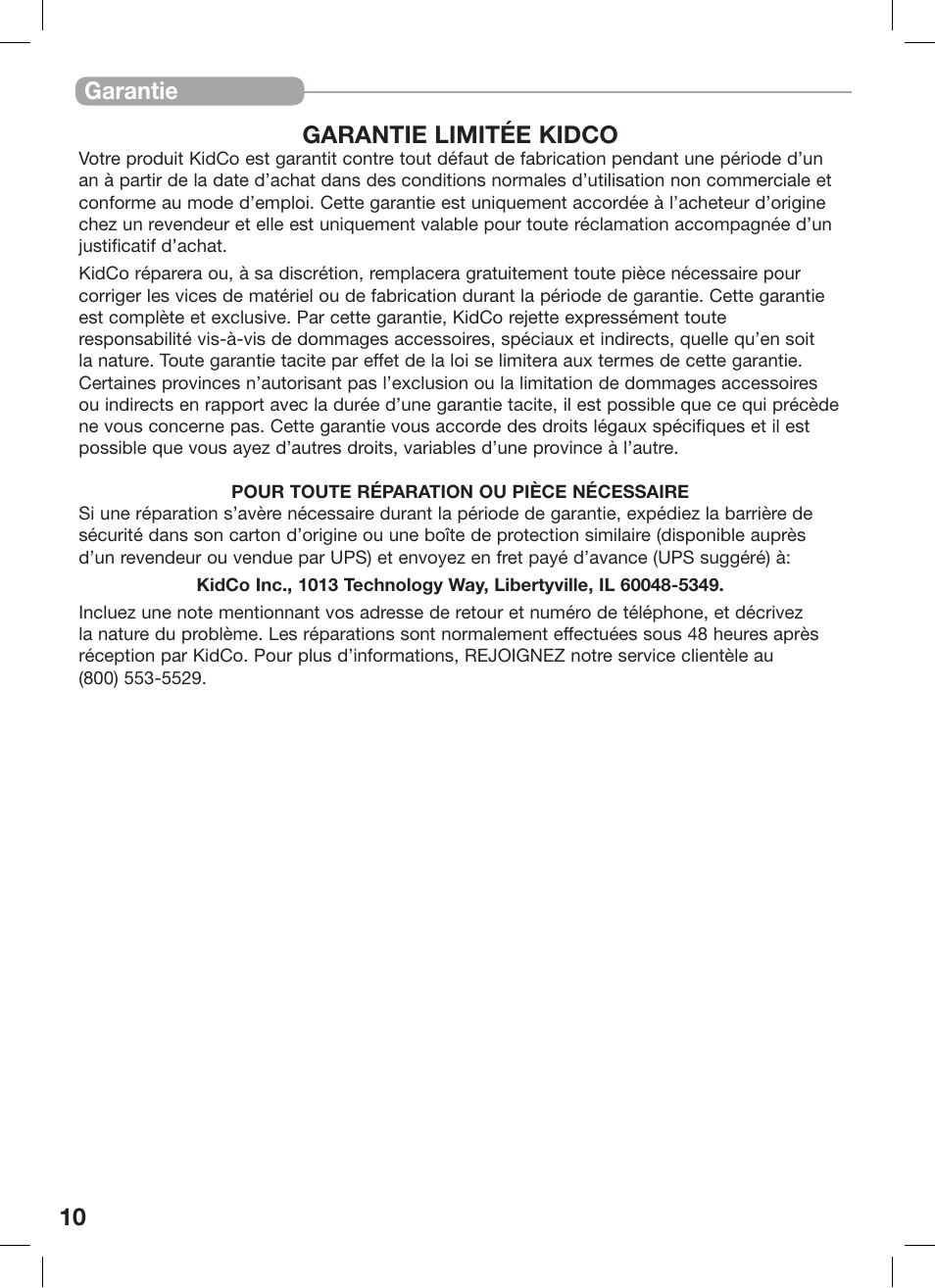 10 garantie garantie limitée kidco | Kidco G60e-C User Manual | Page 10 / 18