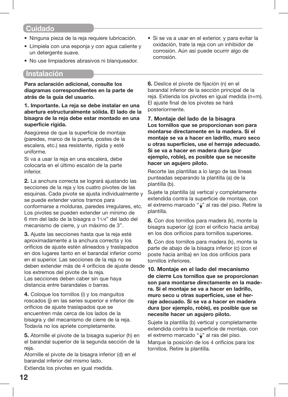 12 instalación, Cuidado | Kidco G60e-C User Manual | Page 12 / 18