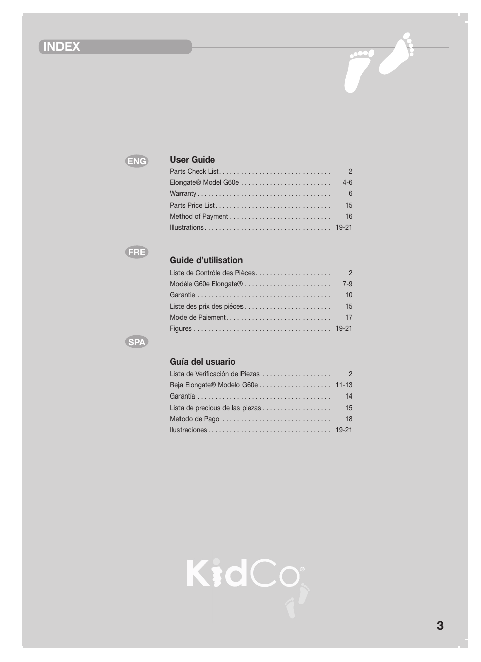 Index | Kidco G60e-C User Manual | Page 3 / 18