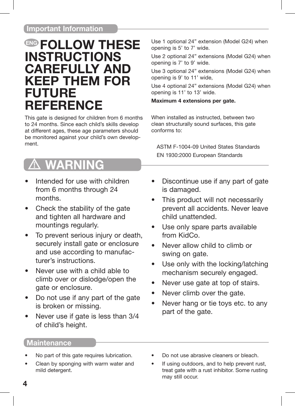Warning | Kidco G60e-C User Manual | Page 4 / 18