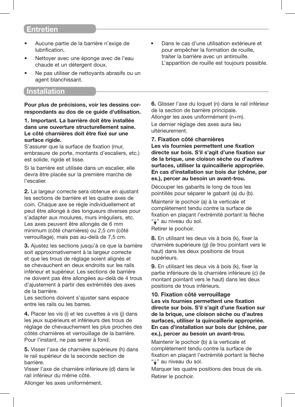 Installation, Entretien | Kidco G60e-C User Manual | Page 8 / 18