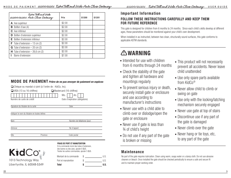 Warning, Important information, Maintenance | Mode de paiement | Kidco G1201 User Manual | Page 12 / 12