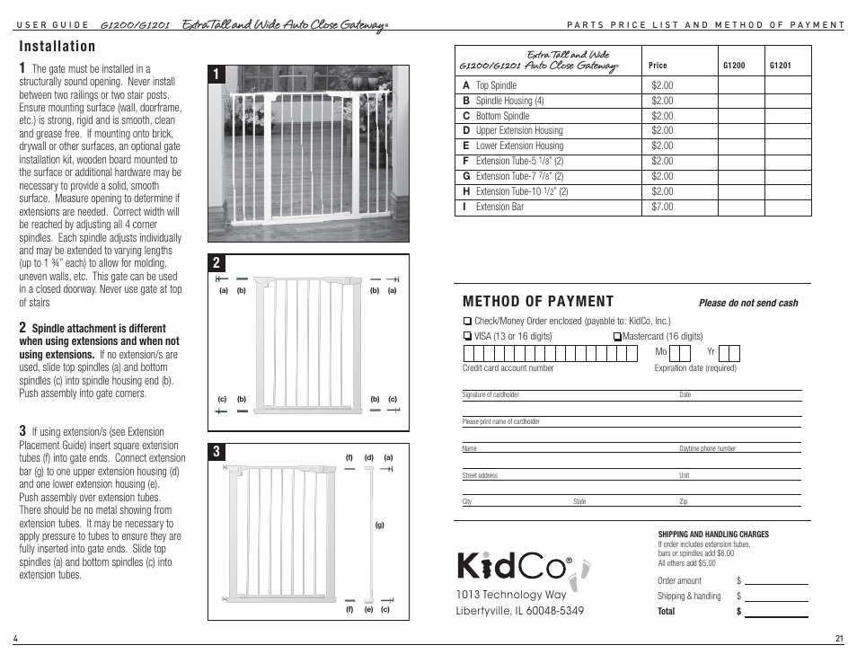 Installation 1, Method of payment | Kidco G1201 User Manual | Page 3 / 12