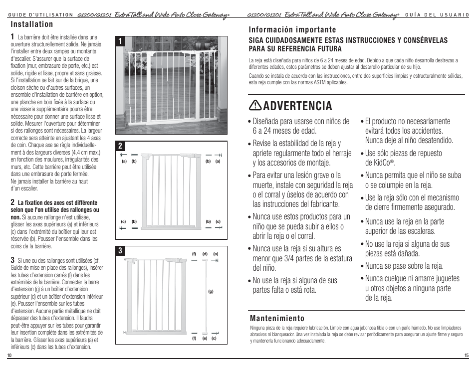 Advertencia | Kidco G1201 User Manual | Page 6 / 12