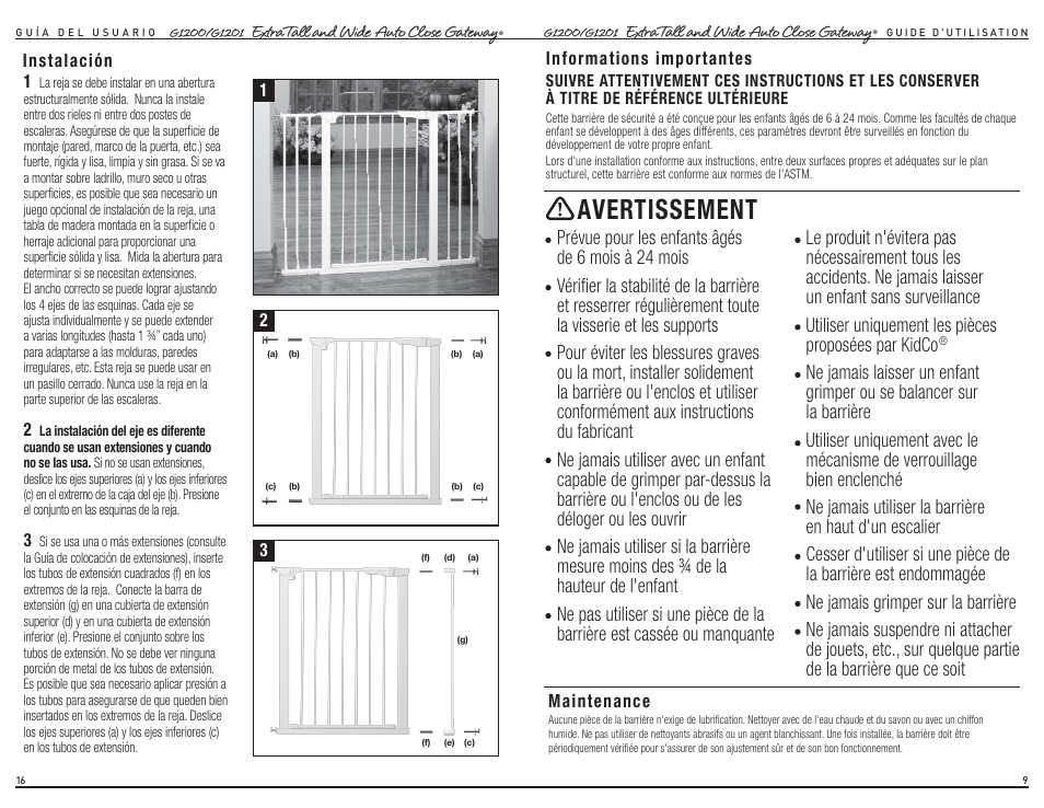 Avertissement | Kidco G1201 User Manual | Page 9 / 12