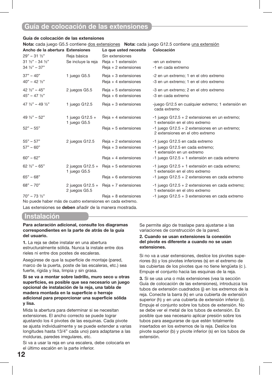 12 instalación, Guía de colocación de las extensiones | Kidco G16a-C User Manual | Page 12 / 18