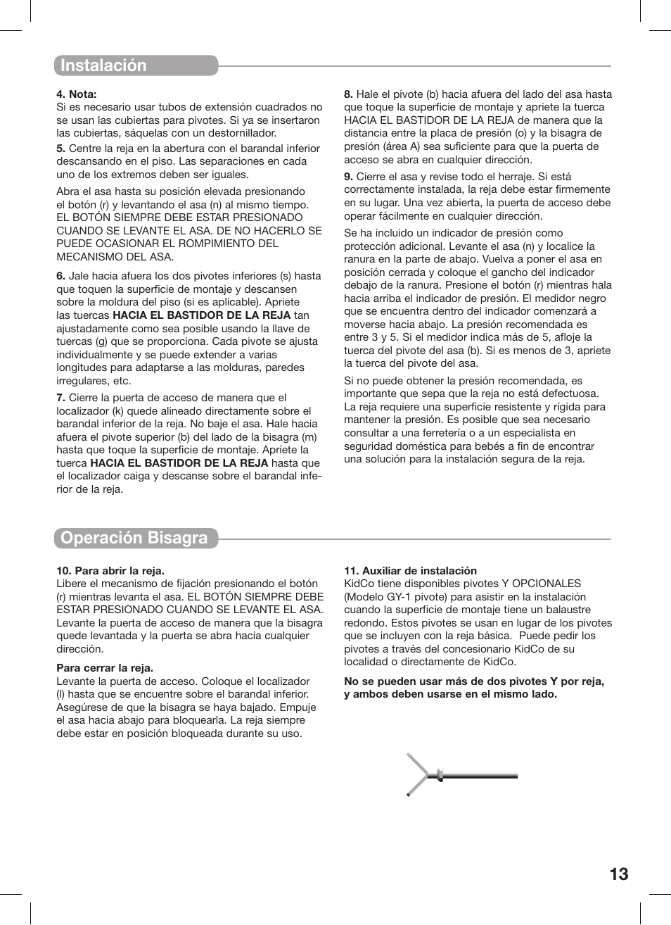 Instalación, Operación bisagra | Kidco G16a-C User Manual | Page 13 / 18