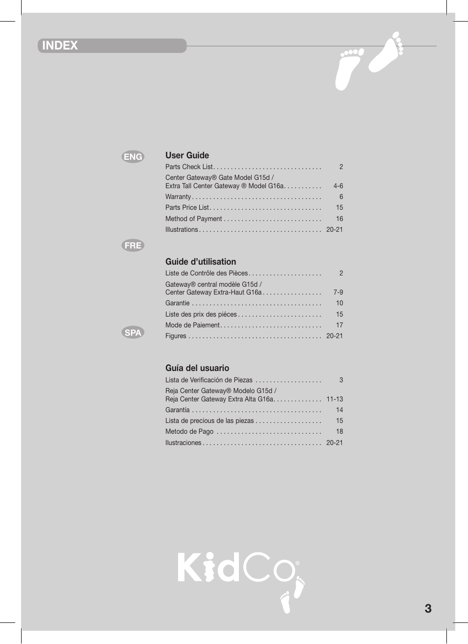 Index | Kidco G16a-C User Manual | Page 3 / 18