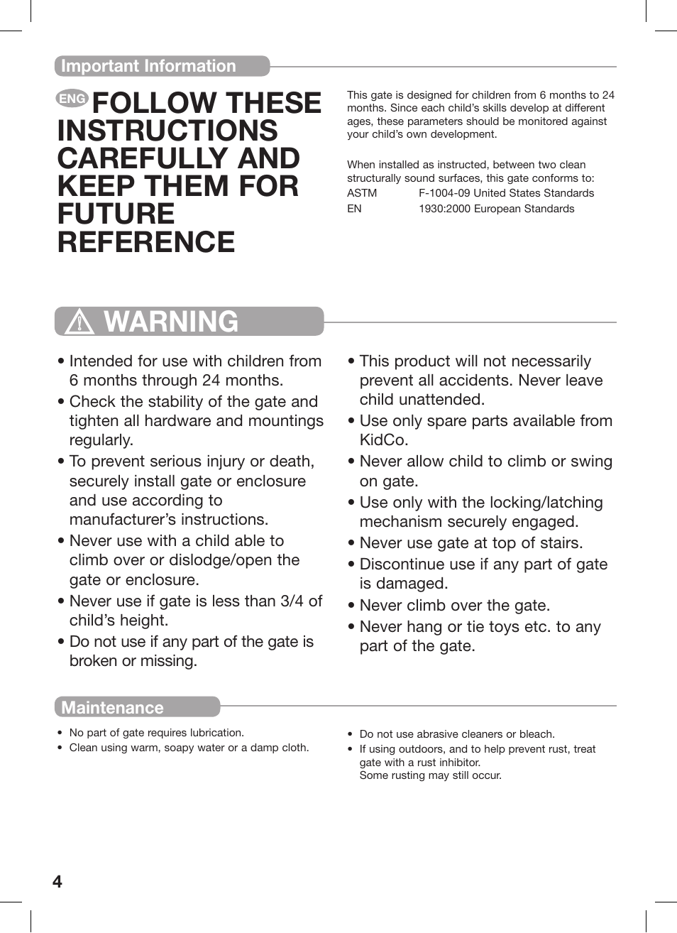 Warning | Kidco G16a-C User Manual | Page 4 / 18