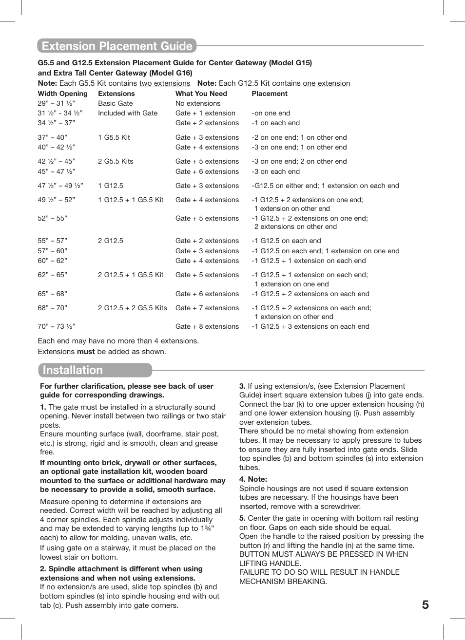 Installation 5 extension placement guide | Kidco G16a-C User Manual | Page 5 / 18
