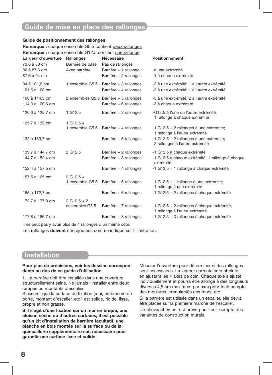 8installation, Guide de mise en place des rallonges | Kidco G16a-C User Manual | Page 8 / 18