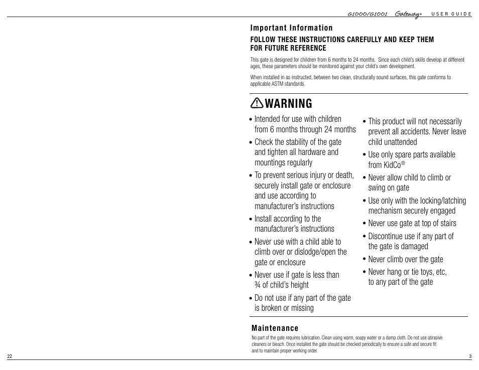 Warning | Kidco G1001 User Manual | Page 12 / 12