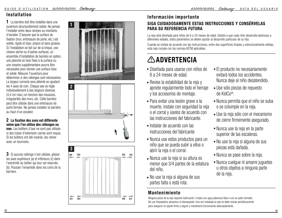 Advertencia | Kidco G1001 User Manual | Page 6 / 12