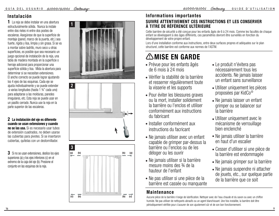Mise en garde | Kidco G1001 User Manual | Page 9 / 12