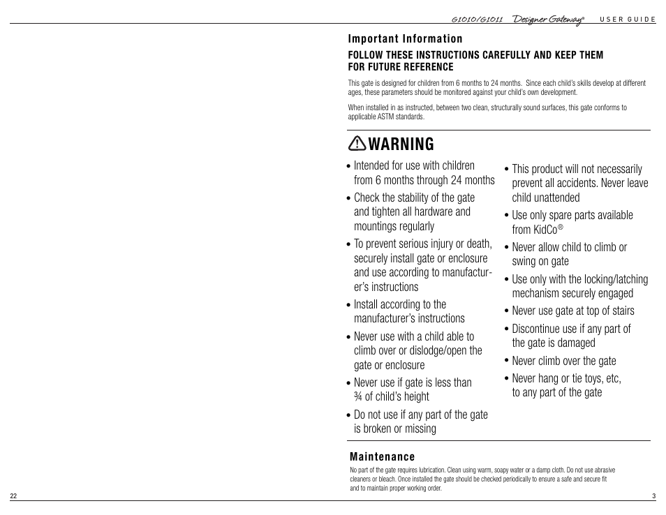 Warning | Kidco G1011 User Manual | Page 12 / 12