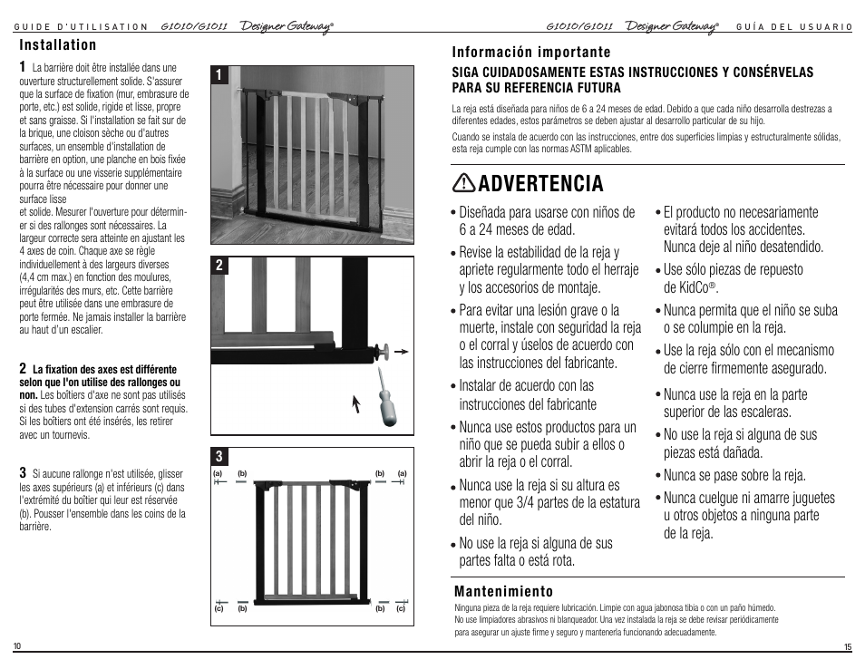 Advertencia | Kidco G1011 User Manual | Page 6 / 12