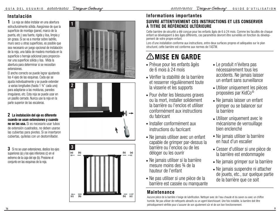 Mise en garde | Kidco G1011 User Manual | Page 9 / 12