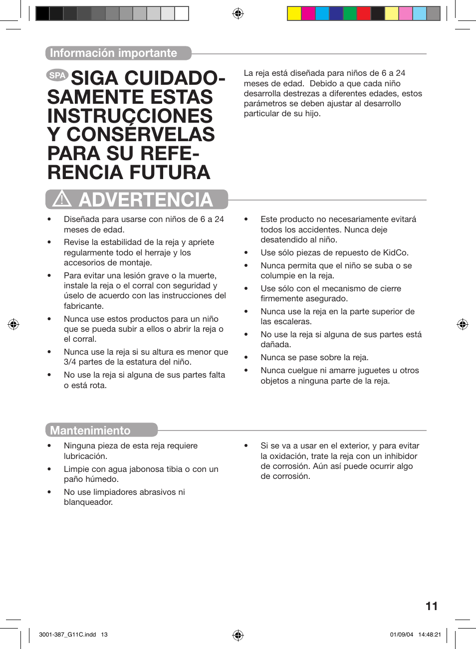 Advertencia, Información importante mantenimiento | Kidco G11c User Manual | Page 11 / 18