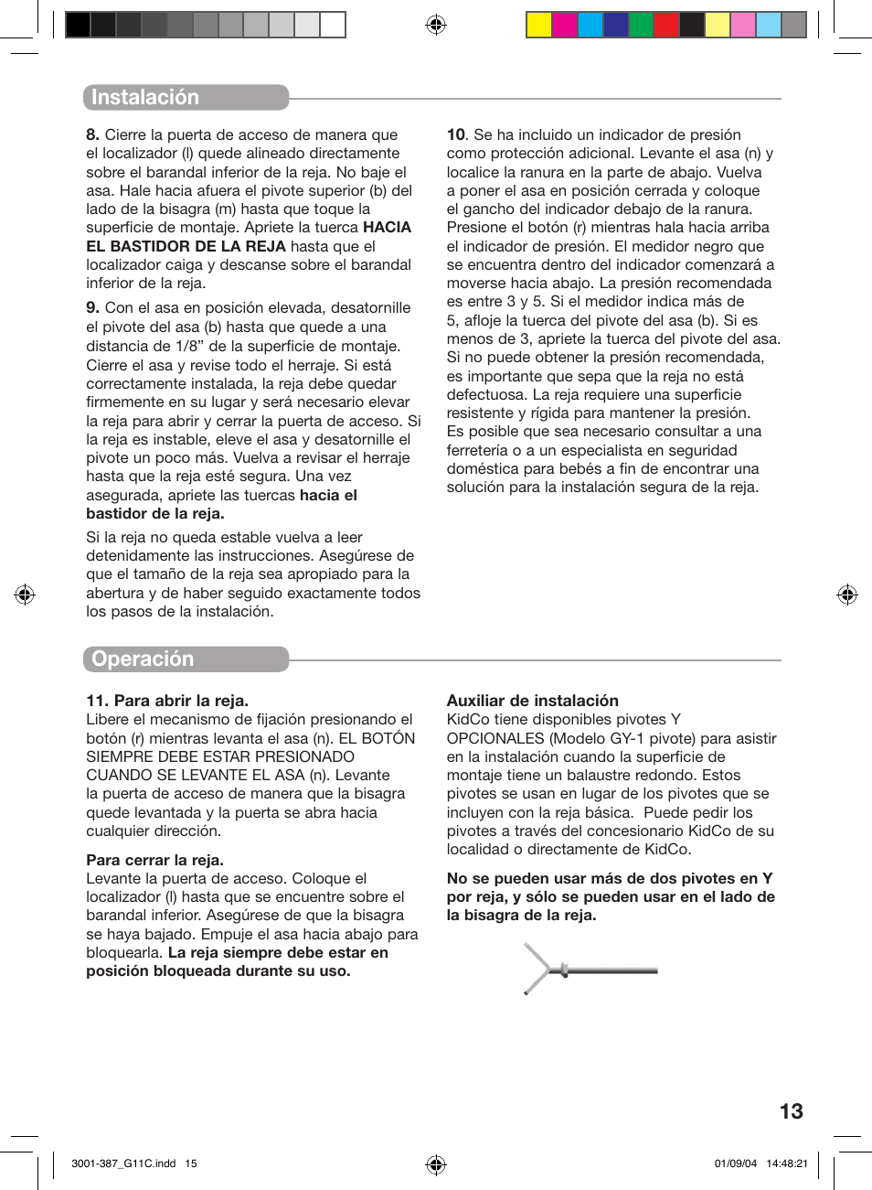 Instalación, 13 operación | Kidco G11c User Manual | Page 13 / 18