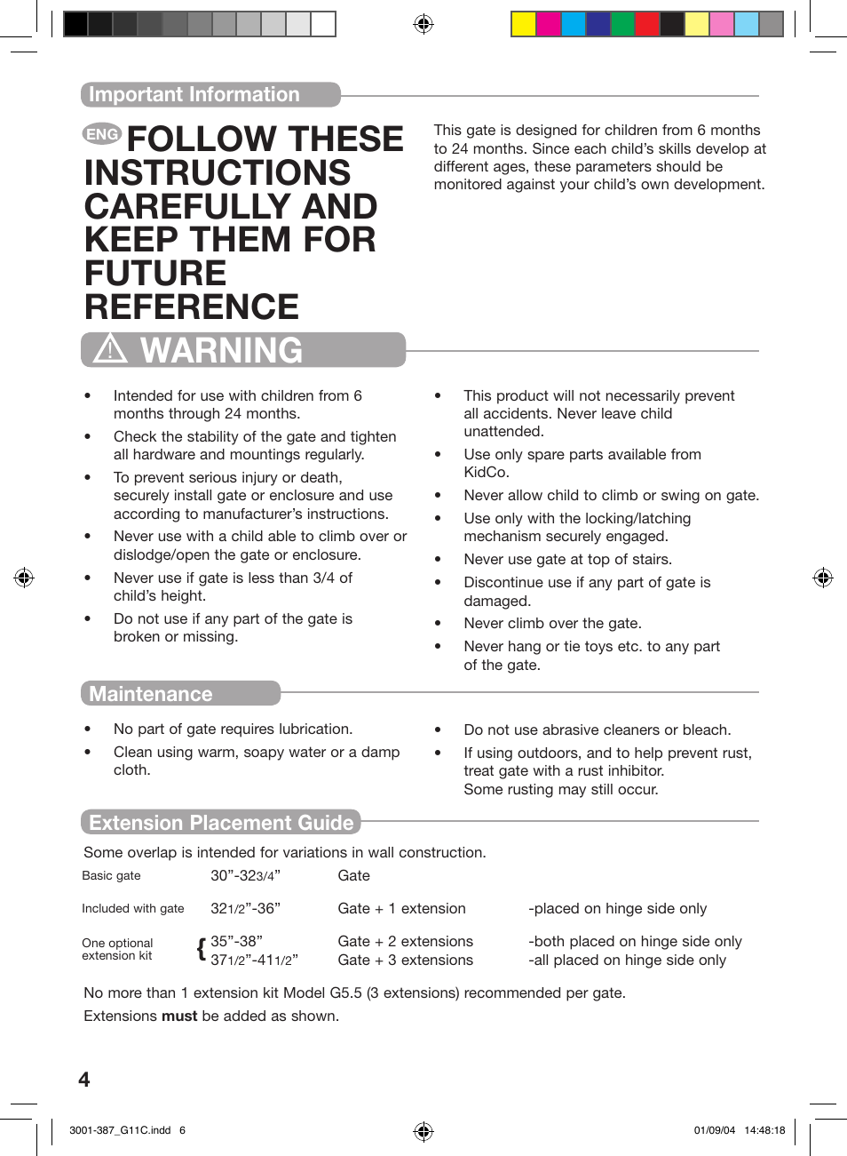 Warning, Installation 4, Important information maintenance | Extension placement guide | Kidco G11c User Manual | Page 4 / 18