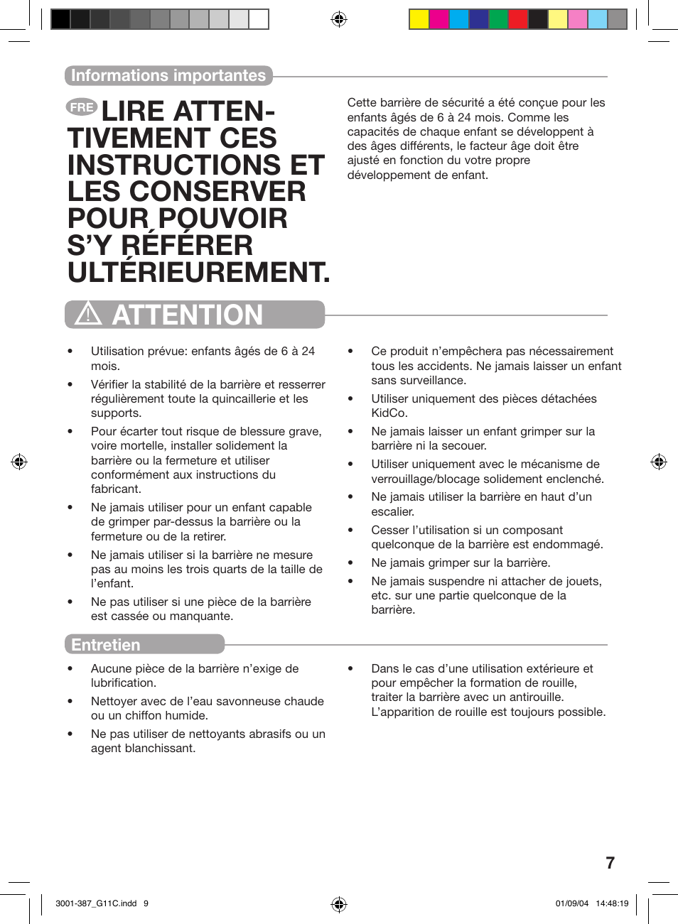 Attention, Informations importantes entretien | Kidco G11c User Manual | Page 7 / 18