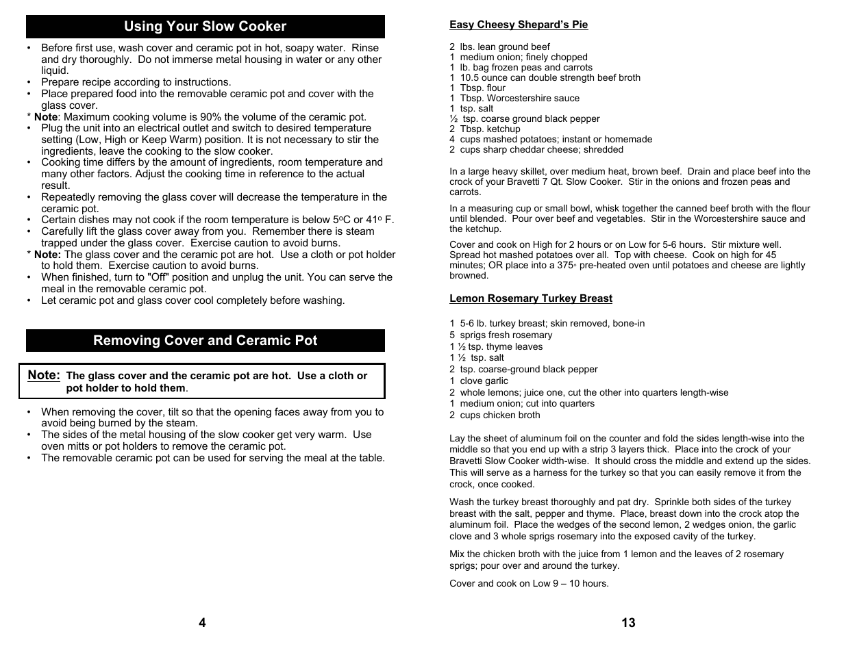 Using your slow cooker, Removing cover and ceramic pot | Bravetti C207 User Manual | Page 6 / 10