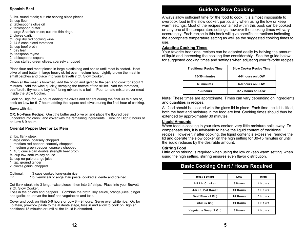 Guide to slow cooking, Basic cooking chart / hours required | Bravetti C207 User Manual | Page 7 / 10