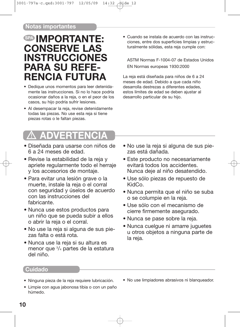 Advertencia | Kidco G70d-C User Manual | Page 12 / 22