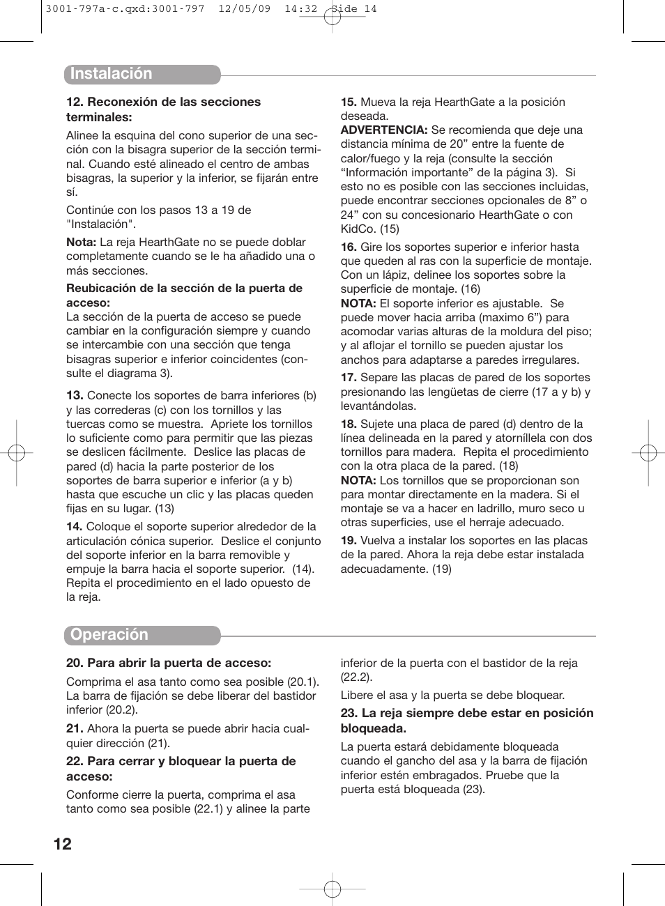 12 instalación, Operación | Kidco G70d-C User Manual | Page 14 / 22