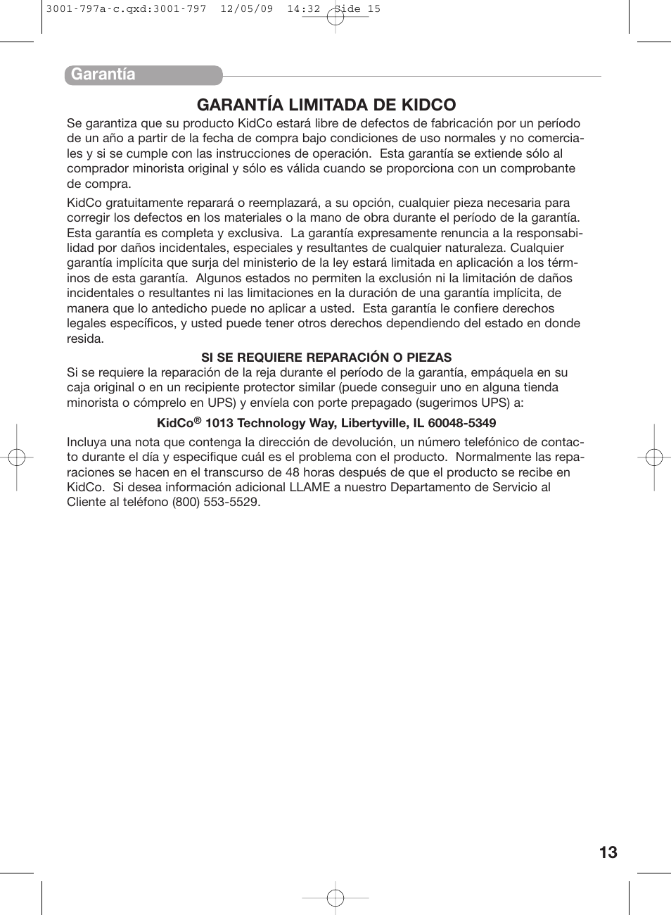 13 garantía garantía limitada de kidco | Kidco G70d-C User Manual | Page 15 / 22