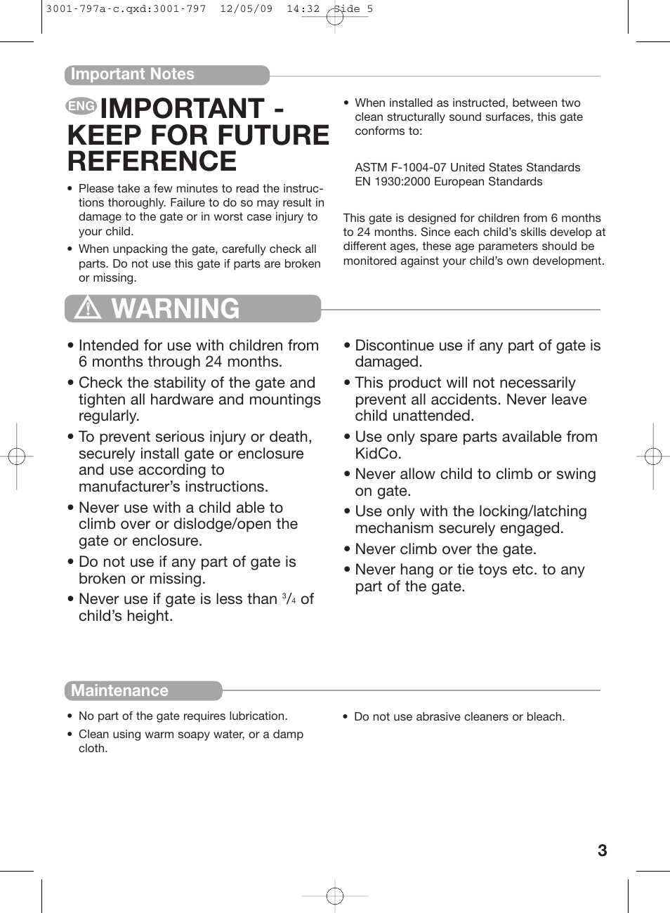 Important - keep for future reference, Warning | Kidco G70d-C User Manual | Page 5 / 22