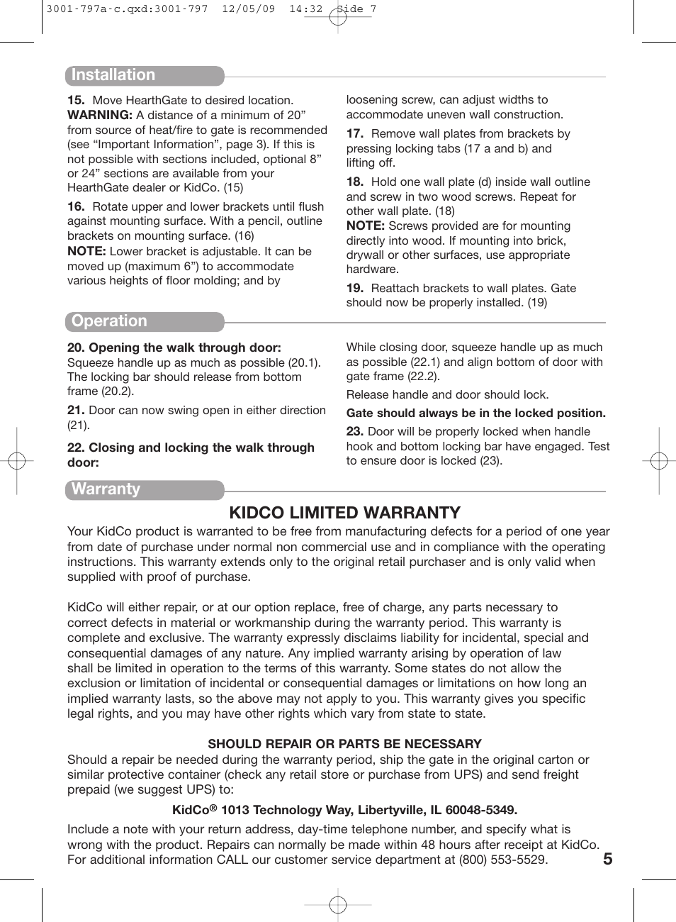 Installation, Operation warranty kidco limited warranty | Kidco G70d-C User Manual | Page 7 / 22