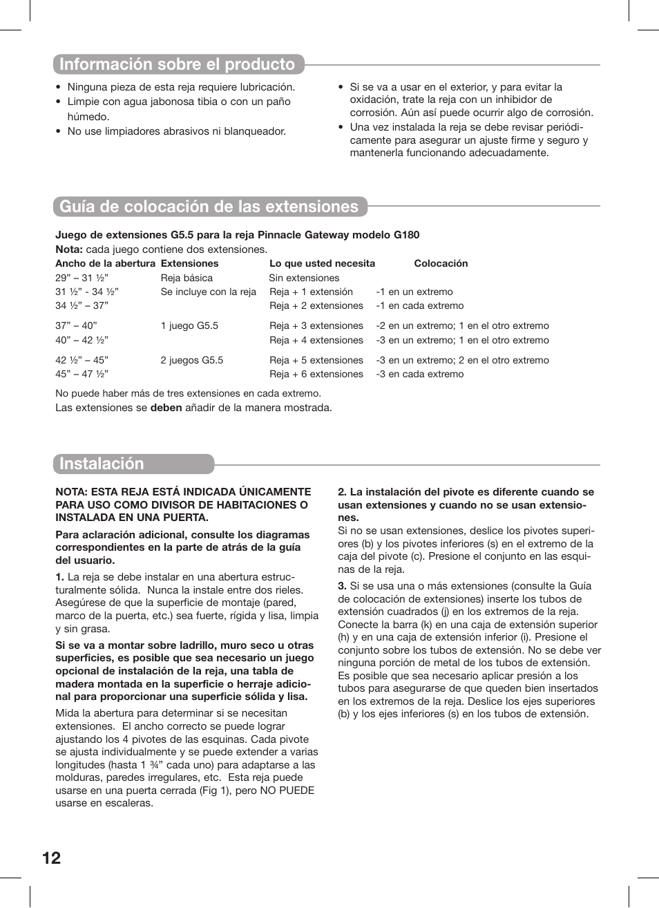 12 instalación, Guía de colocación de las extensiones, Información sobre el producto | Kidco G180 User Manual | Page 12 / 22
