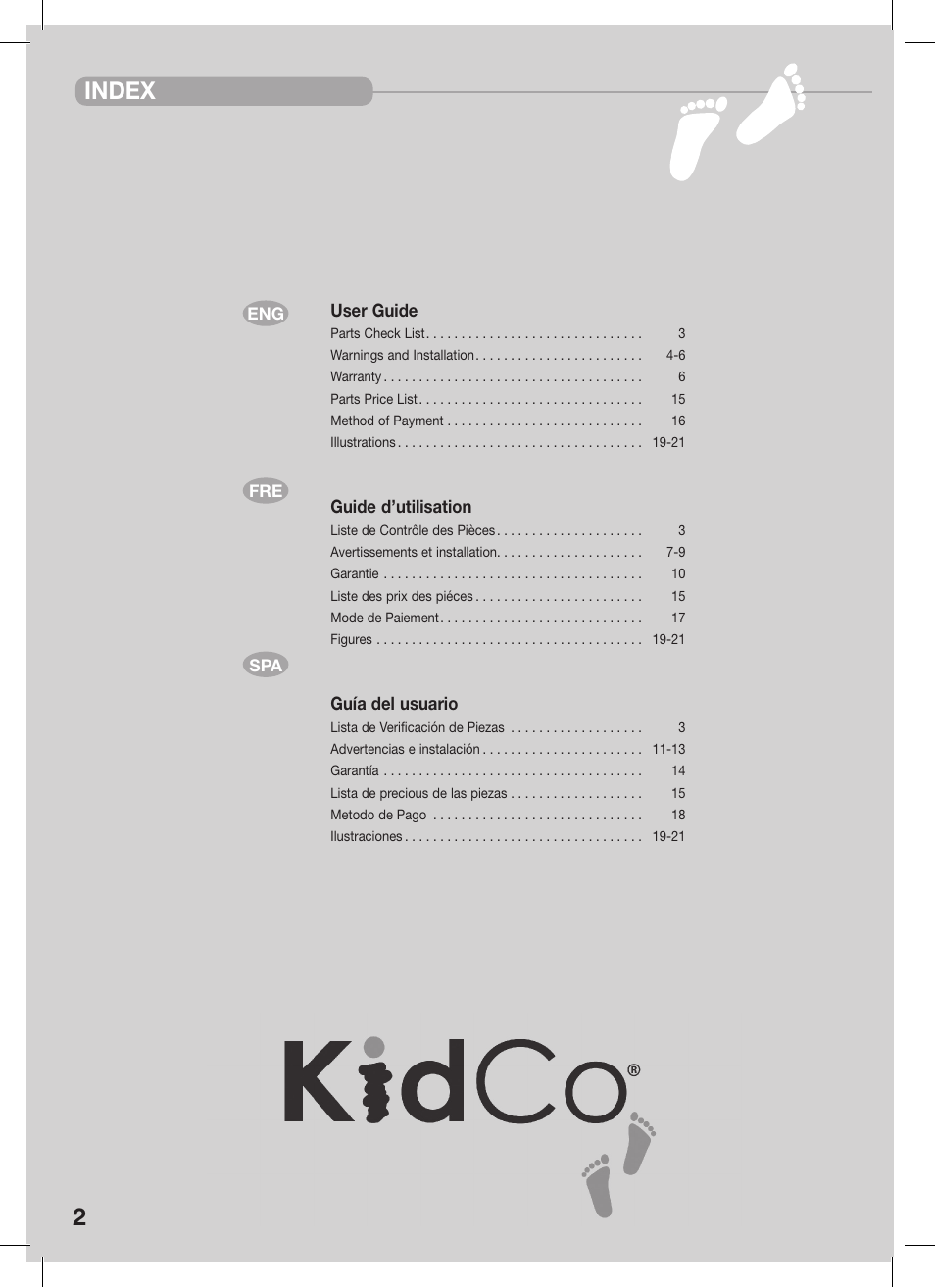 Index | Kidco G180 User Manual | Page 2 / 22