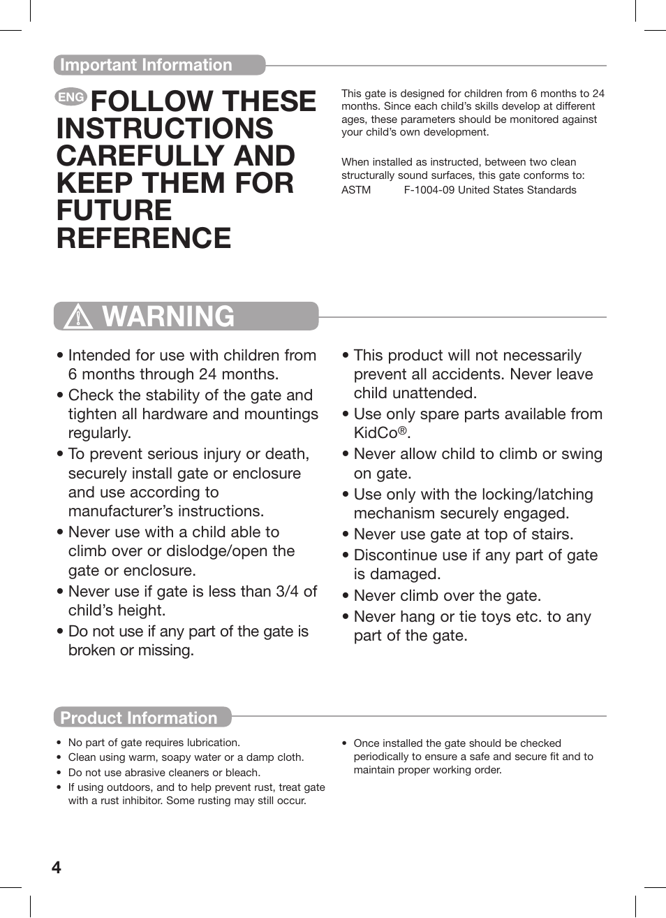 Warning | Kidco G180 User Manual | Page 4 / 22