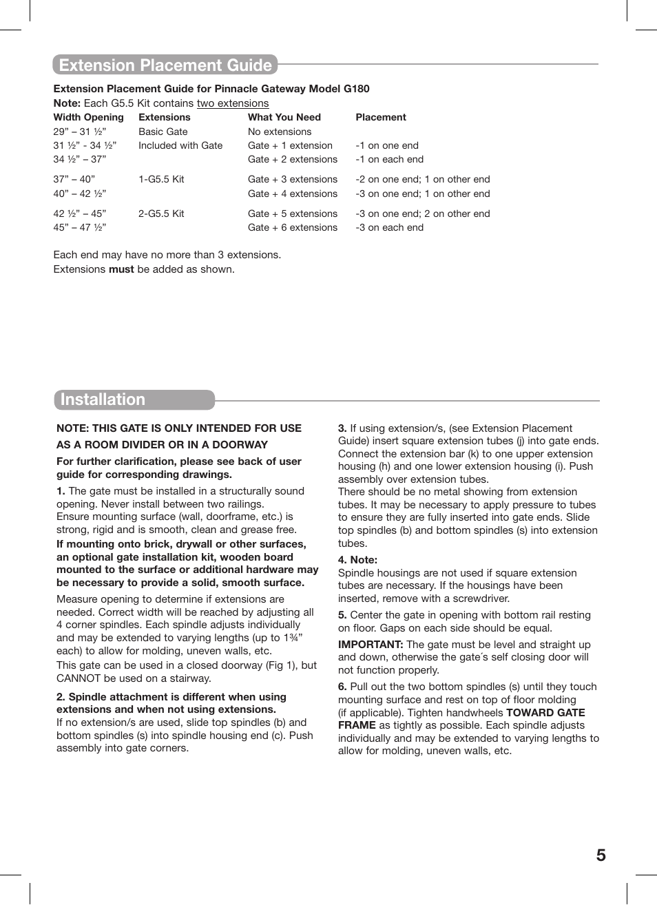 Installation 5 extension placement guide | Kidco G180 User Manual | Page 5 / 22