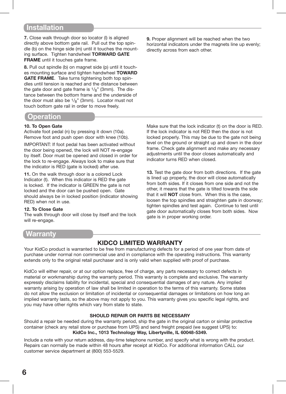 6operation, Warranty, Installation | Kidco limited warranty | Kidco G180 User Manual | Page 6 / 22