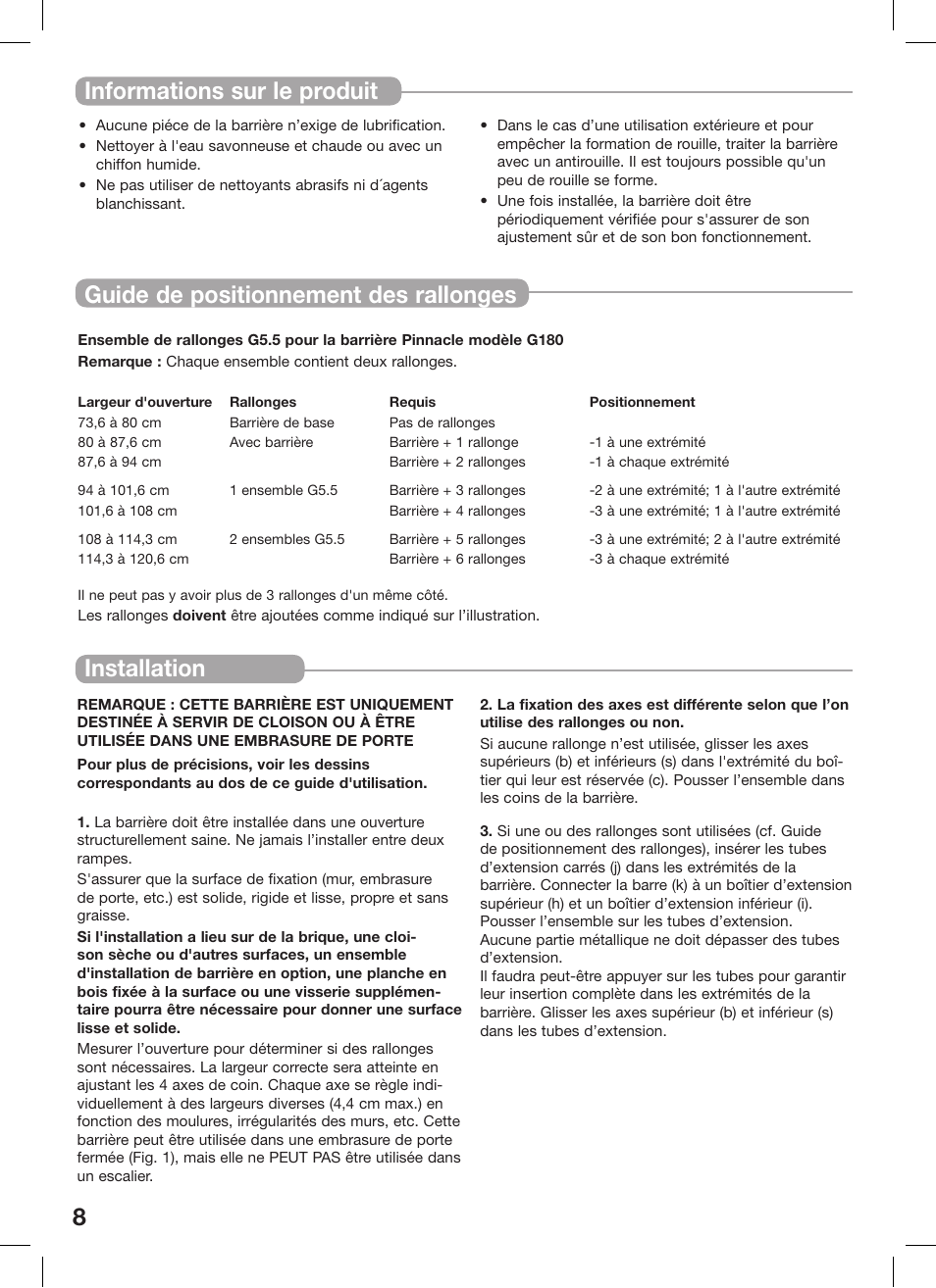 8installation, Guide de positionnement des rallonges, Informations sur le produit | Kidco G180 User Manual | Page 8 / 22