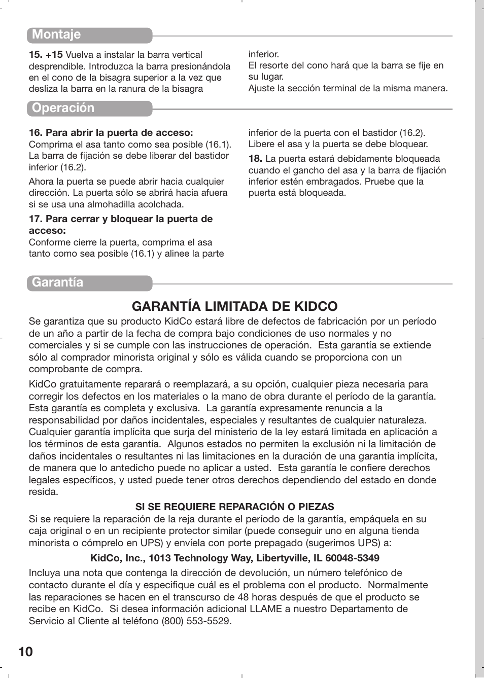 10 garantía garantía limitada de kidco, Montaje operación | Kidco PD20c User Manual | Page 10 / 14