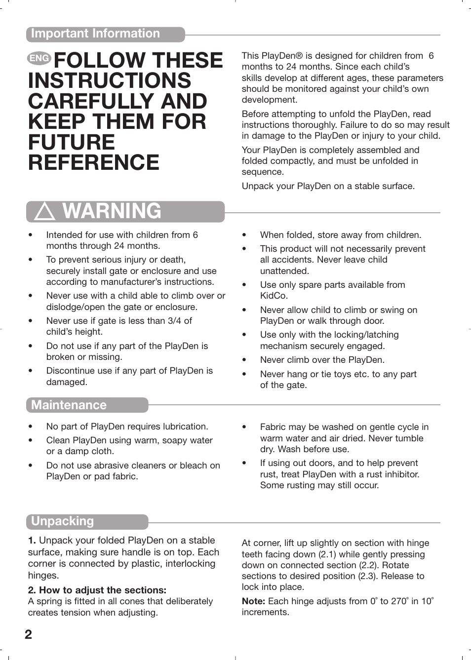 Warning, Important information maintenance, Unpacking | Kidco PD20c User Manual | Page 2 / 14