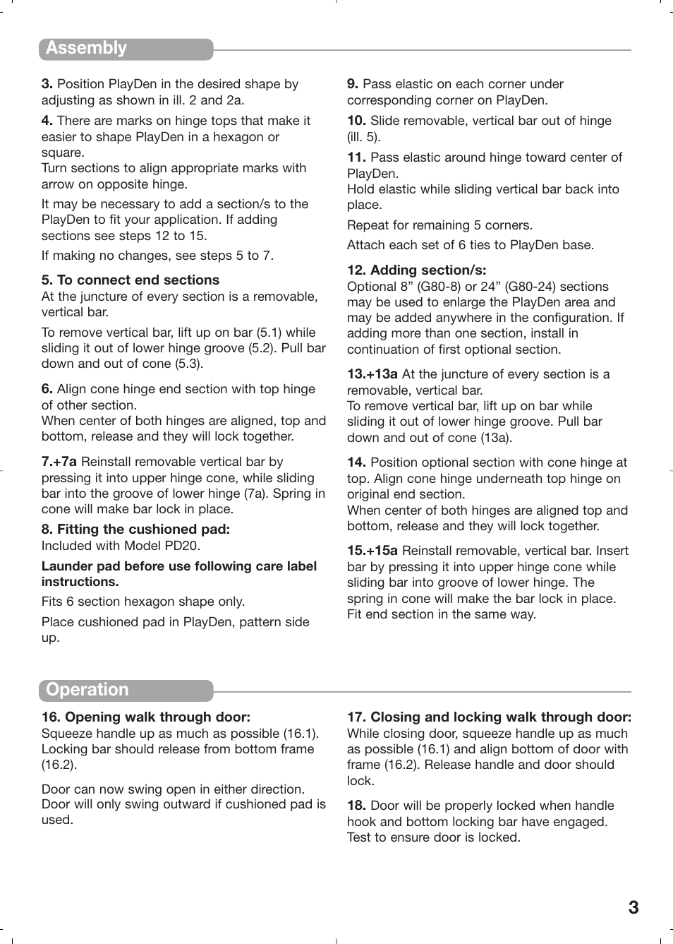 3operation, Assembly | Kidco PD20c User Manual | Page 3 / 14