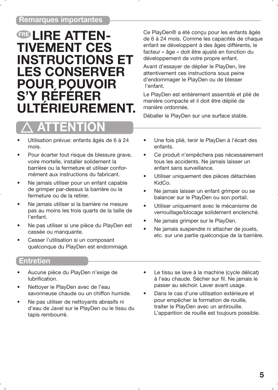 Attention, 5remarques importantes entretien | Kidco PD20c User Manual | Page 5 / 14